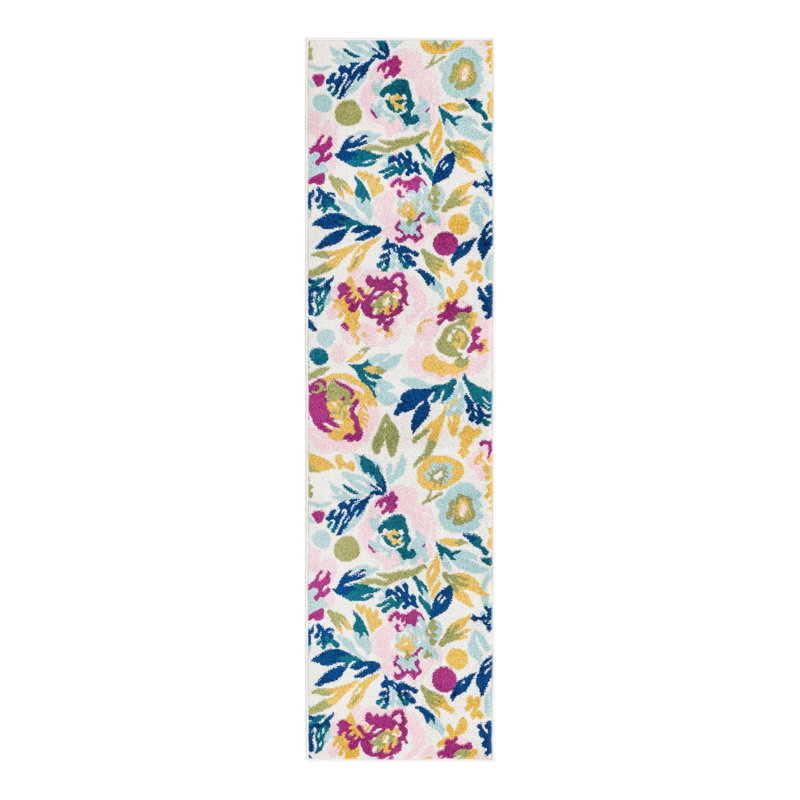 Holle Floral Area Rug, Runner 2'7" x 12', White/Navy Blue/Yellow