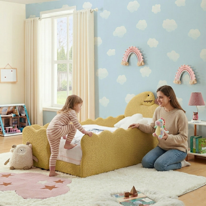 Lit simple tapissier pour enfants avec garde-corps, structure de lit pour tout-petits Boucle, Jaune