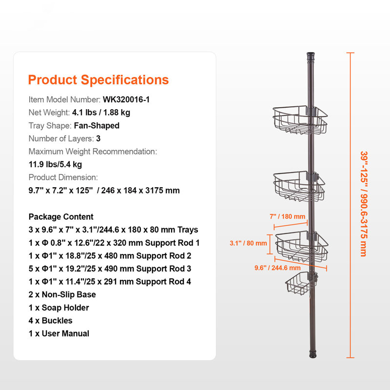 Mât tendeur de coin de 39 à 125 po de hauteur avec support antirouille, H 125 po x l 9,7 po x P 9,1 po, Noir