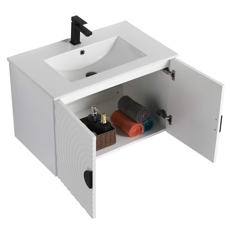 Meuble-lavabo moderne avec portes circulaires cannelées de 30 po de largeur Pell Pixell, Blanc