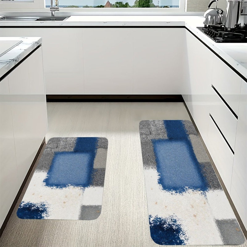 Tapis de cuisine antidérapants carrés bleu gris et 2 pièces, Bleu / gris / blanc abstrait