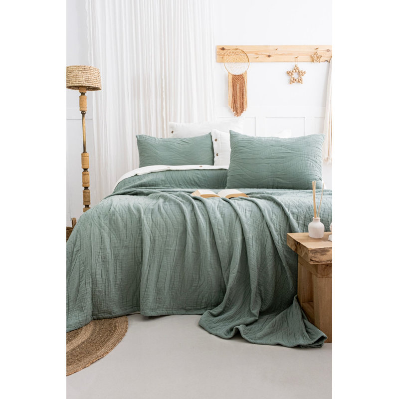 Luxurious 100% Cotton Jacquard Double Bedspread Set, Green | Includes 2 Pillowcases (19.7 x 27.6 inches) | Bedspread Size: 94.5 x 102.4 inches | Machine Washable, Soft & Durable, Ideal for Elegant Bedroom Décor