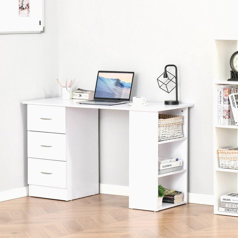 47" Modern Home Office Computer Desk Bookcase Combo Writing Table Workstation With 3 Drawer And Storage Shelf - White