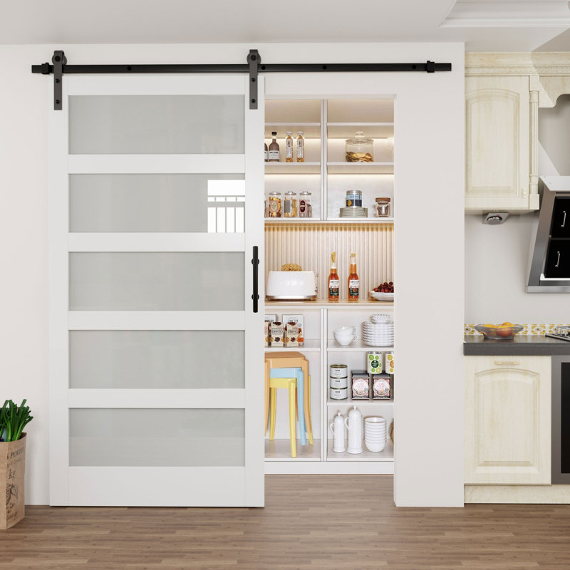 5-Lites Glass Sliding Barn Doors with Installation Hardware Kit, Includes soft closing item, 42" x 84"