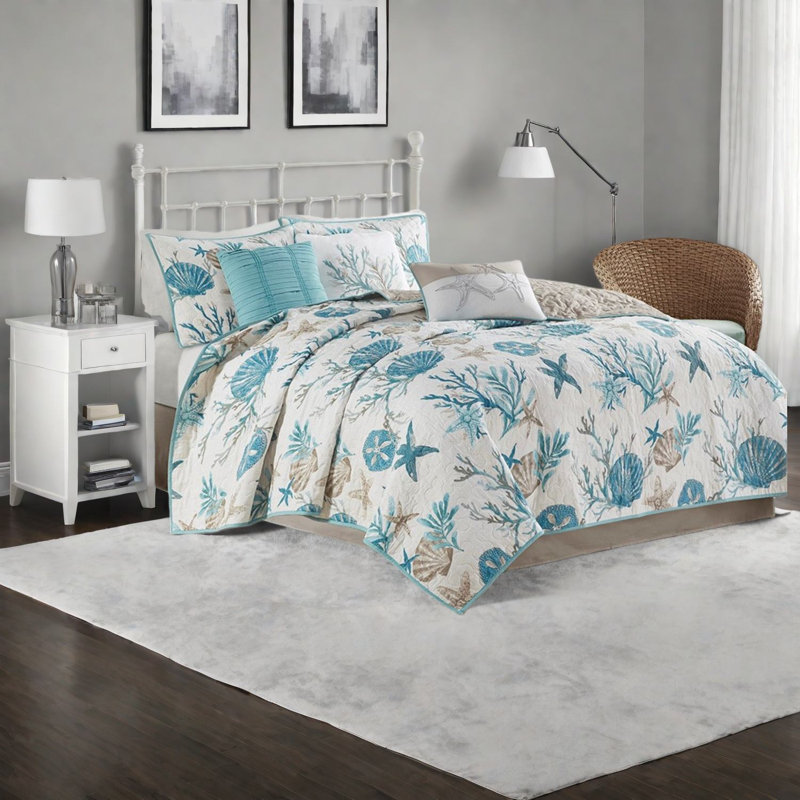 Ensemble de literie luxueuse pour courtepointe en coton 6 pièces, style bord de mer turquoise