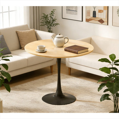 Table de salle à manger ronde de 31,5 po pour 4 personnes, style Mid-Century moderne, plateau en panneau de fibres à densité moyenne avec finition naturelle organique et base en acier noir
