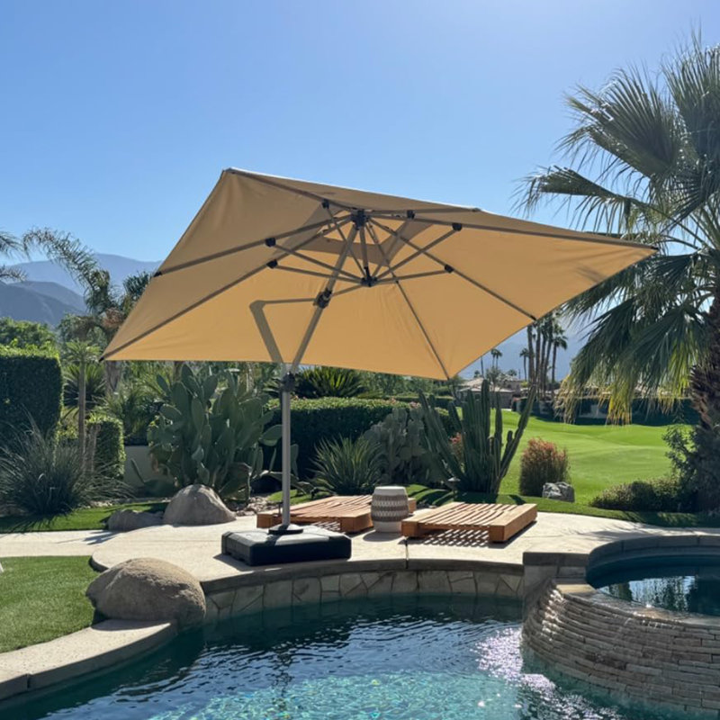 2.75m x3.3m / 2.75m x3.65m Rectangular Cantilever Parasol With Base, Beige, 274cm H x 330cm W x 270cm D