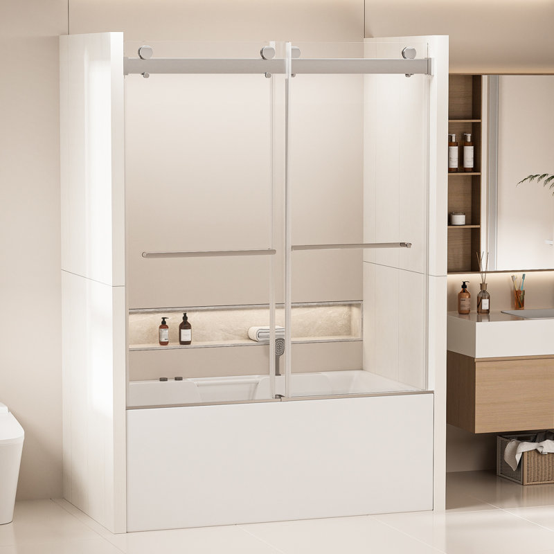 Porte de baignoire à dérivation, 60 po Profondeur x 62 po, fermeture en douceur, bandes d'étanchéité pour une imperméabilisation efficace, avec ajustement horizontal de 4 po de la douche