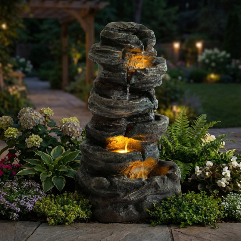6-Tier Outdoor Cascading Water Fountain with LED Lights for Garden, Patio, Yard & Deck