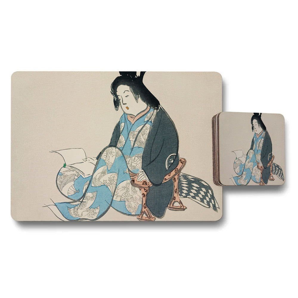 Japanese Ukiyoe Style Placemat and Coaster Set With Geisha Image