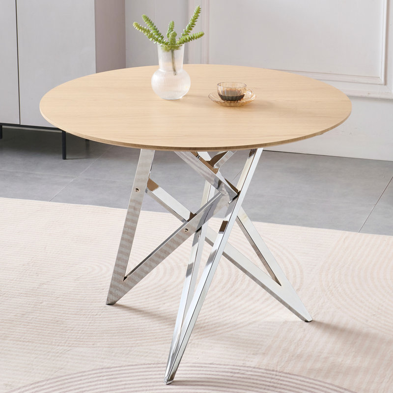 Table de salle à manger ronde de 37 po, petite table de cuisine ronde avec pieds en métal argenté, pouvant accueillir 2 à 4 personnes, table de salle à manger moderne, Burlywood.