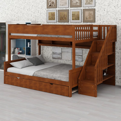 Bunk Bed with Storage Shelves, Staircase, Trundle and LED Light