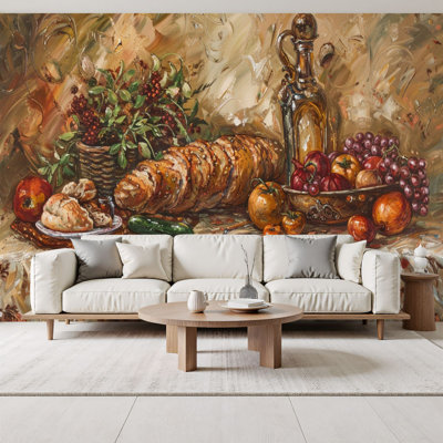 Papier peint à peler et coller, nourriture, repas, brun, divers fruits, table, impression de photos murales de salon, H 69 po x l 96 po, amovible, papier mural en PVC, décoration murale auto-adhésive pour chambre à coucher, bureau à domicile