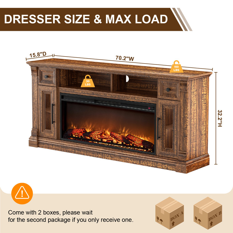 Farmhouse Fireplace TV Stand for 80'' TVs with Fireplace and Timer, Brown