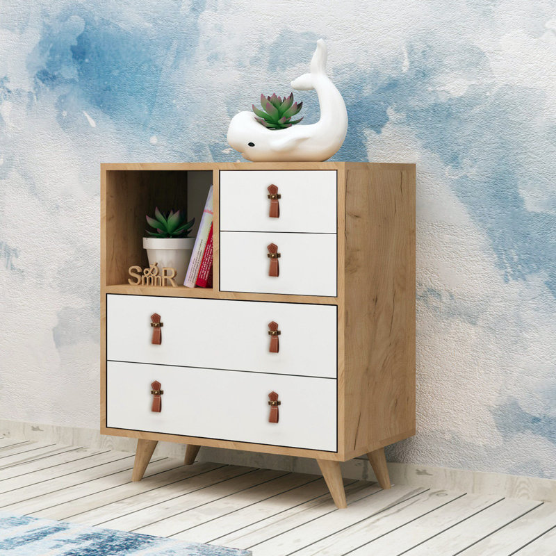 Commode décorative 4 tiroirs, Chêne / Blanc