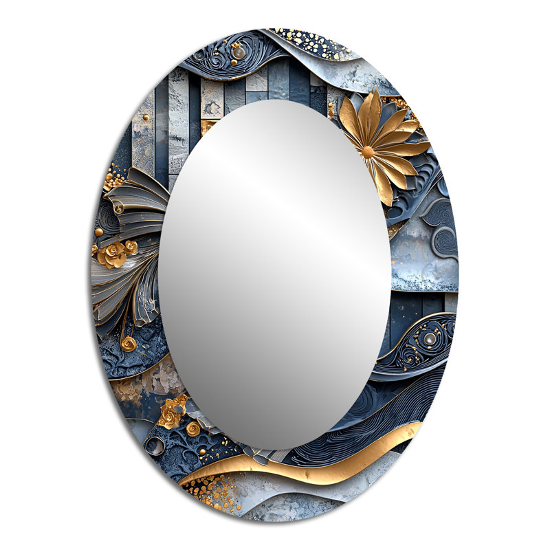 Blue And Grey Coastal Abstract Tiles III - Abstract Oval Decorative Mirror On Metal, 40" x 30"