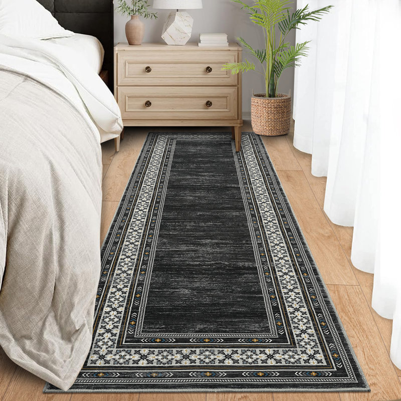 Tapis lavable à bordure moderne Tapis antidérapant pour tapis de cuisine, Noir, Tapis de couloir 2 pi x 6 pi