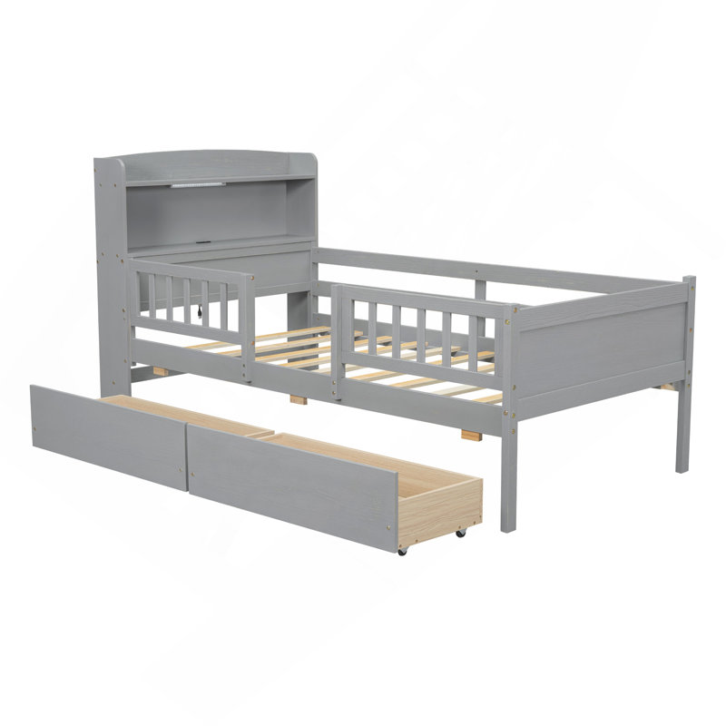 Lit plateforme simple en bois avec éclairage à DEL intégré, tête de lit multifonctionnelle, garde-corps et 2 tiroirs, gris