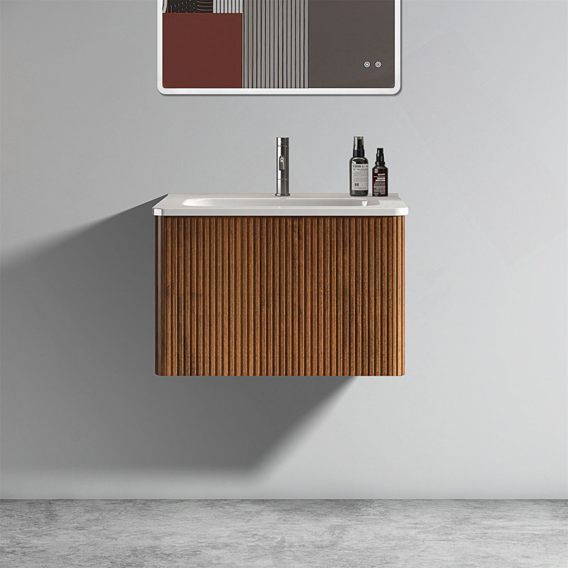 Meuble-lavabo flottant mural 24 po avec lavabo en céramique, pré-assemblé pour salles de bain modernes et élégantes, Noyer