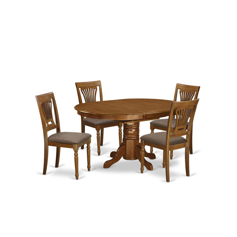5 Piece Dining Set Includes an Oval Dining Room Table with Butterfly Leaf and 4 Linen Fabric Kitchen Chairs, Saddle Brown