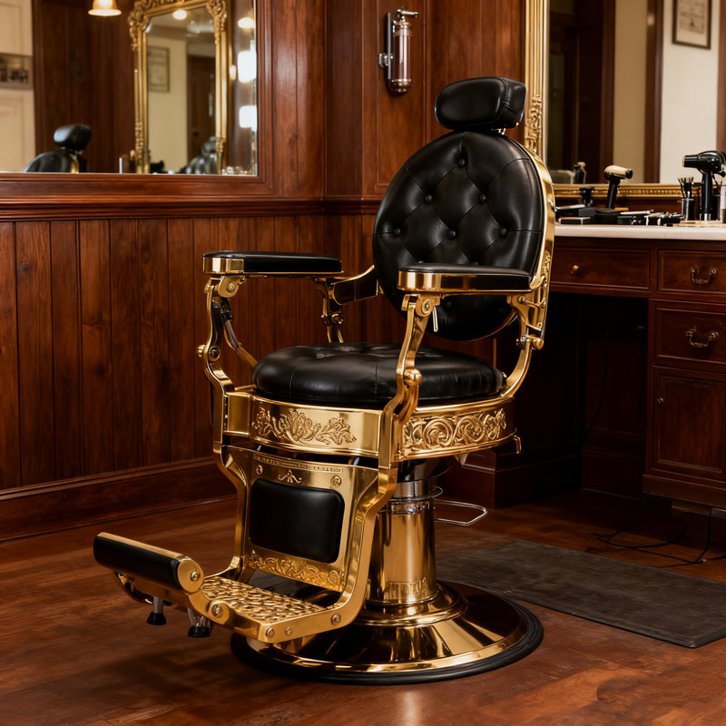 Fauteuil de coiffeur rétro polyvalent, inclinable et polyvalent pour salon de coiffure, salon de coiffure, Gold