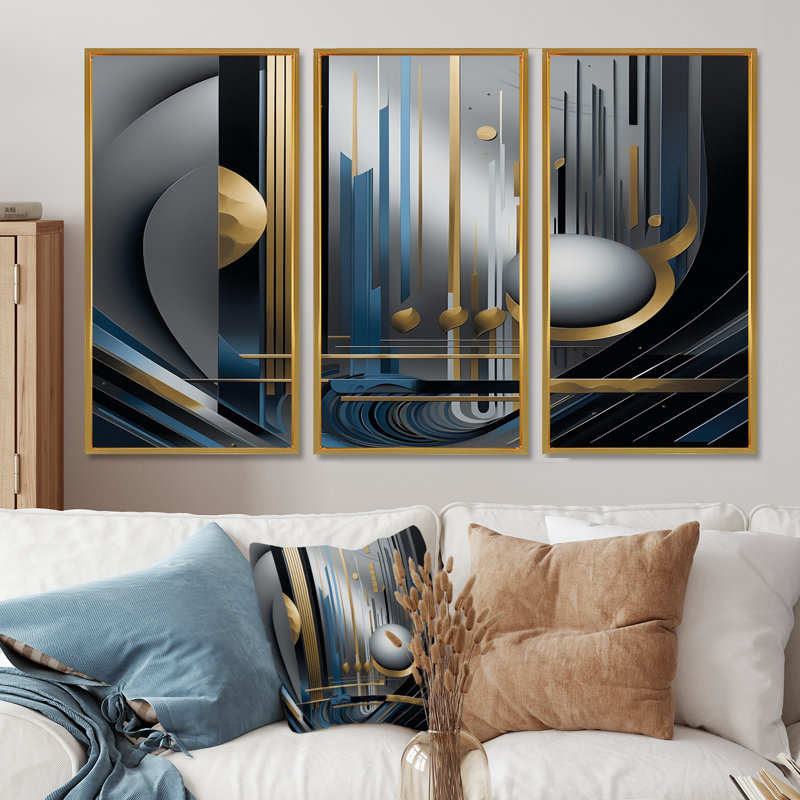 Minimal Tech Blue Silver Sphere - Ensemble de décorations murales géométriques, Cadre flottant doré