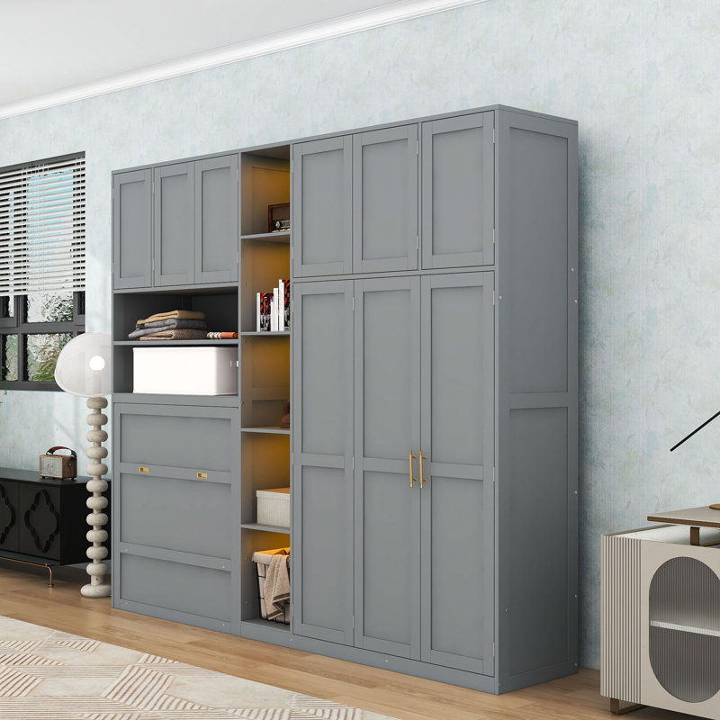 Lit escamotable simple avec tablettes de rangement, éclairage DEL et garde-robe, Gray