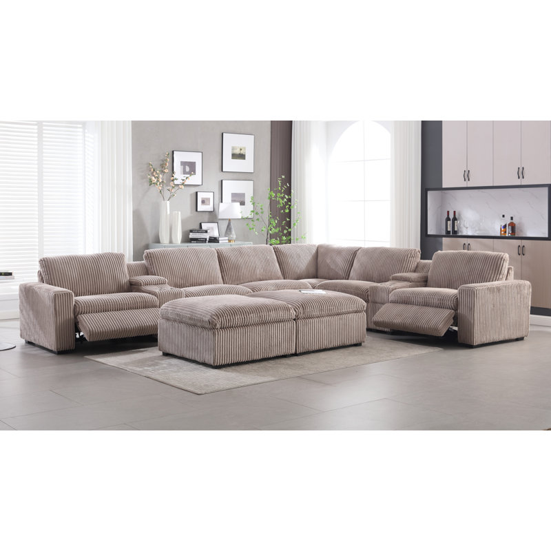 Annistyn 168.5" W 10-Piece Corduroy Power Reclining Sectional with Storage, Mushroom Taupe Corduroy