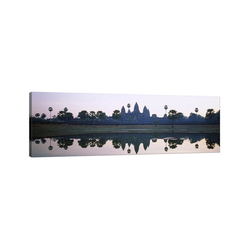 Reflection Of Temples And Palm Trees In A Lake, Angkor Wat, Cambodia - Wrapped Canvas Panoramic Print