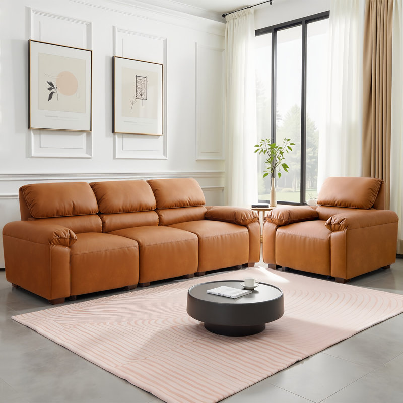 Ensemble de canapés modulaires en similicuir 2 pièces Latitude Run® pour salon, chambre à coucher, canapés modulaires surdimensionnés (canapé 3 places + fauteuil d'appoint), brun