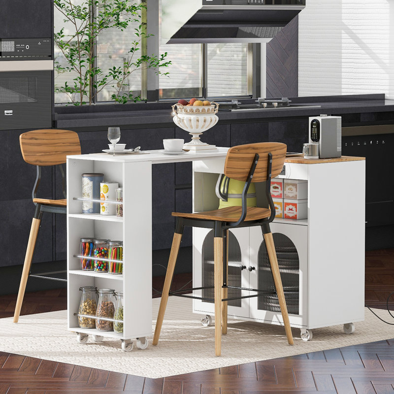 Large Capacity Kitchen Island With Led , Power Outlets, White, Spacious Interior Design Rectangular Rolling Storage - Lights, Ports, Fluted Glass Door, White