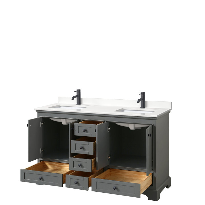Meuble-lavabo double autoportant Deborah avec plateau en quartz, Chrome poli, WDX13591, Gris foncé