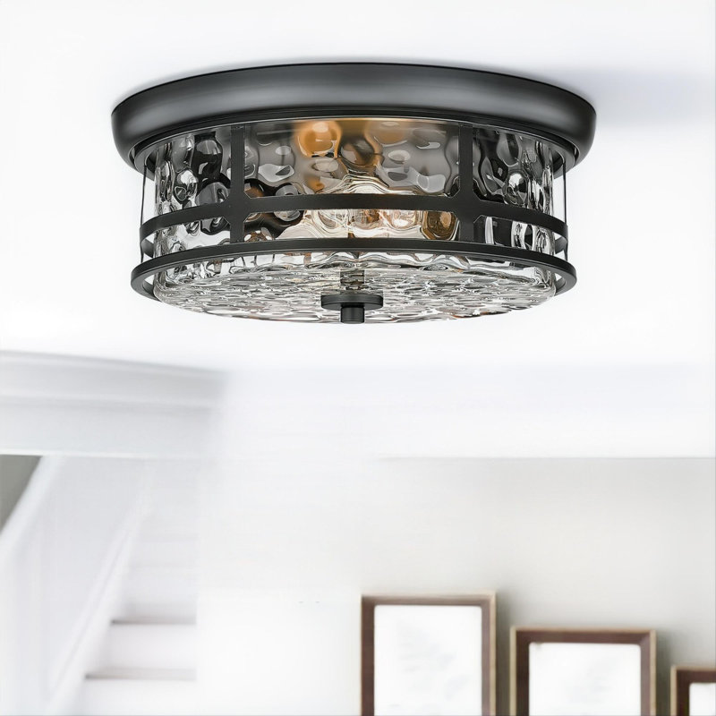 Flush Mount Ceiling Light, Farmhouse 2-Light Close To Ceiling Lighting Fixture With Bubble Glass For Living Room Hallway Bedroom (Black, 12.77" D)