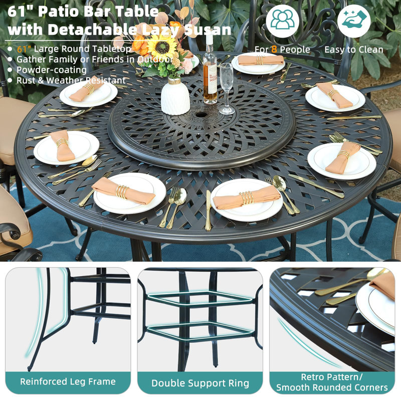  61" Patio Round Height Bar Table, All-Weather Cast Aluminum High Top Dining Table With 31" Lazy Susan & Umbrella Hole For Outdoor Balcony, Porch And Deck, Fits For 6-8 Person, Dark Bronze