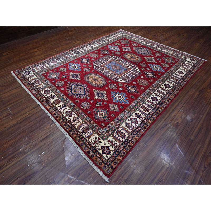Tapis oriental en pure laine afghane super Kazak noué à la main 7 pi 9 po x 9 pi 9 po Cereza