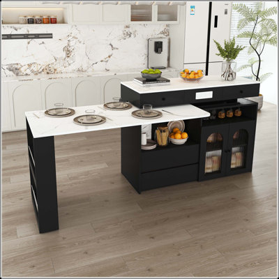 47" Kitchen Island with Extendable & Rotating Table, 4 Drawers, and Glass Door Cabinets – Marble Veneer Retro