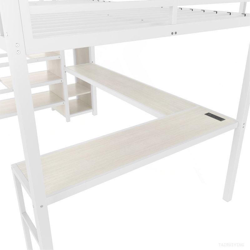 Loft Bed With L-Shaped Desk And USB, Metal Loft Bed With Wardrobe And Adjustable Shelf, High Loft Bed With LED For Kids Teens Adults, White Wood-Grain