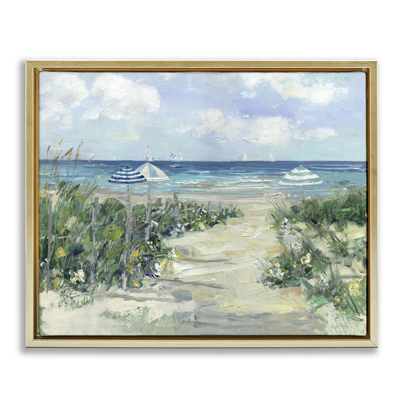 Cadre flottant Seaside Path To Striped, H 25 po x l 31 po, Cadre flottant métallique doré