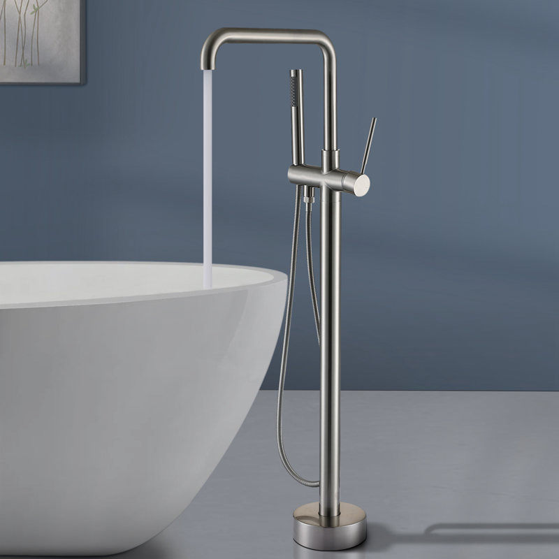 Topcraft Single Handle Floor Mounted Freestanding Tub Faucet with Handheld Shower, Brushed Nickel, Brushed Nickel