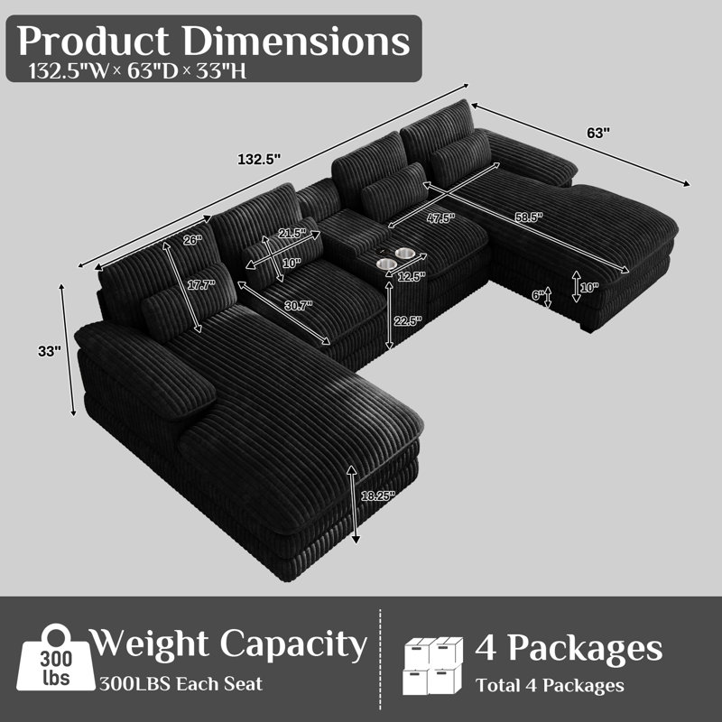 Grand canapé modulaire en U de 132,5 po en velours côtelé avec console de rangement et méridienne double, Black Corduroy