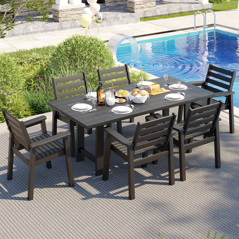 Immie 7- Piece HDPE Outdoor Dining Table Set With Chairs & Umbrella Hole, Black, Black, 6