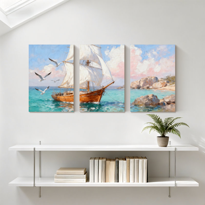 Nautique, voilier, mouettes, océan, roches, ciel, réflexion, ensemble de 3 impressions sur toile, H 24 po x l 48 po