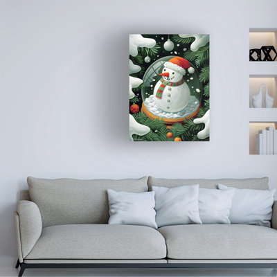 Art sur toile, globe de Noël avec bonhomme de neige vert et orange