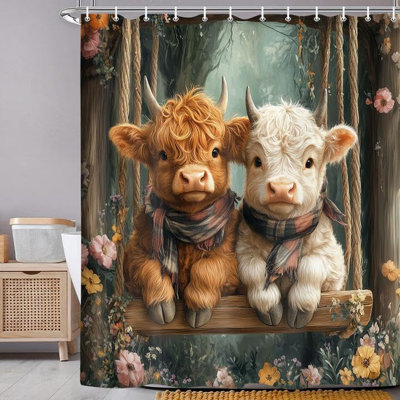 Funny Highland Cow Shower Curtain For Bathroom, Farmhouse Western Bull Cattle Decor Bath Curtains, Animal Rustic Country Vintage Flower Shower Curtain -  East Urban Home, 2D3B3C96EF1B49FB85296B295497D9EA