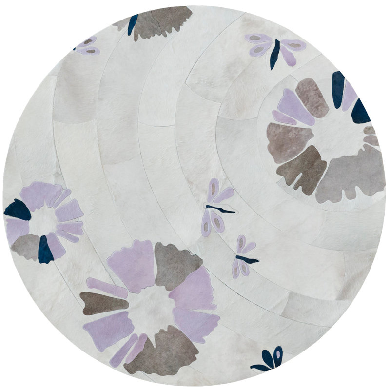 Shibori Cowhide Floral Area Rug in Brown/Gray/White, Round 8'2"