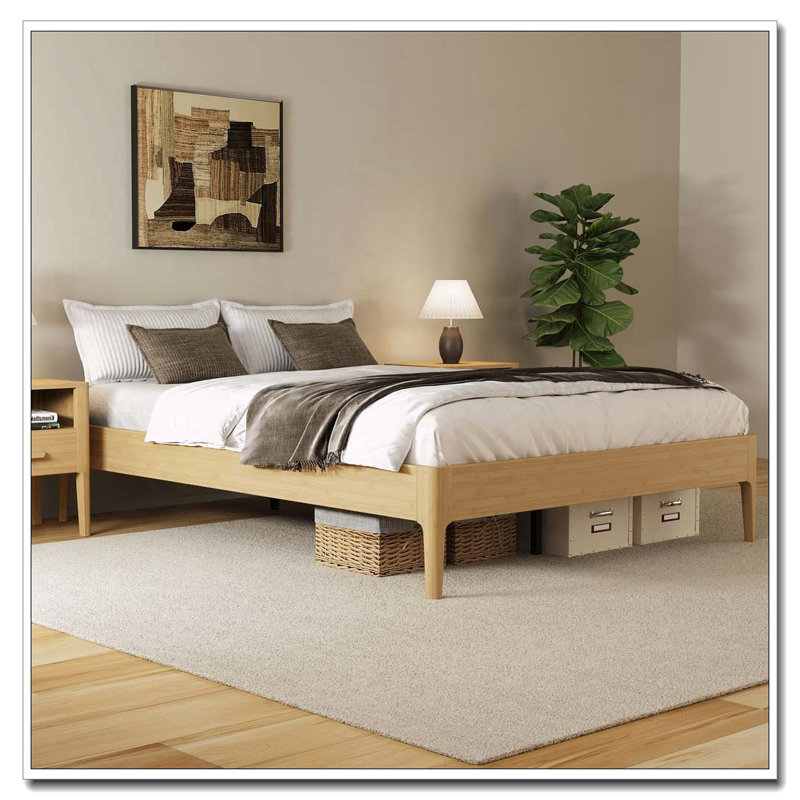 Structure de lit plateforme en bois de bambou massif, Naturel, Lit double