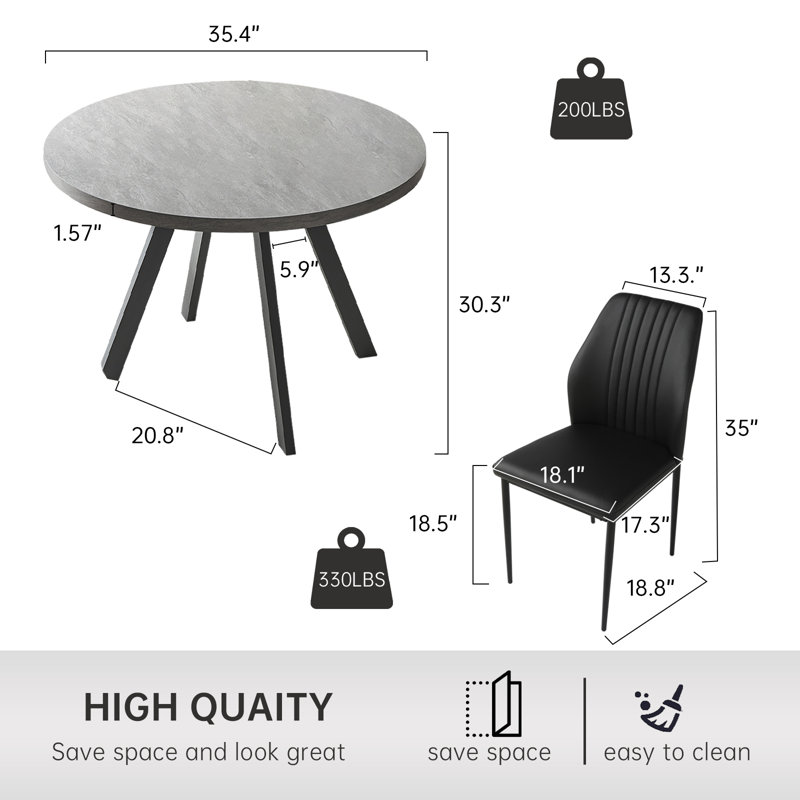 Siefert 35.4'' Round Dining Table Set, Kitchen Dining Table and 4 Dining Chairs, Black, Siefert 5 Piece Dining Set