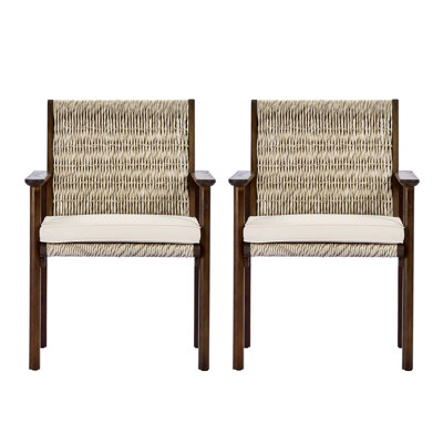 Ensemble de 2 chaises de salle à manger d'extérieur avec structure en bois d'acacia, dossier en rotin d'osier, coussins imperméables et accoudoirs ergonomiques pour le patio, le balcon ou la piscine.