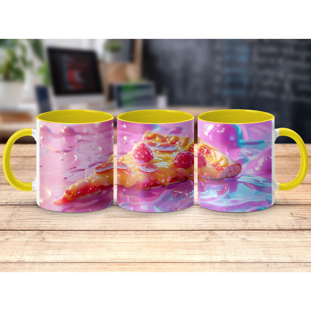 Colourful 3D Design 11oz Accent Mugs – White Ceramic Coffee Cup with a Yellow Handle and Interior