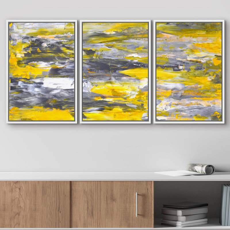Gris et jaune, coups de pinceau grunge, formes abstraites, art moderne chic ultra sur toile, 3 pièces, Cadre flottant blanc